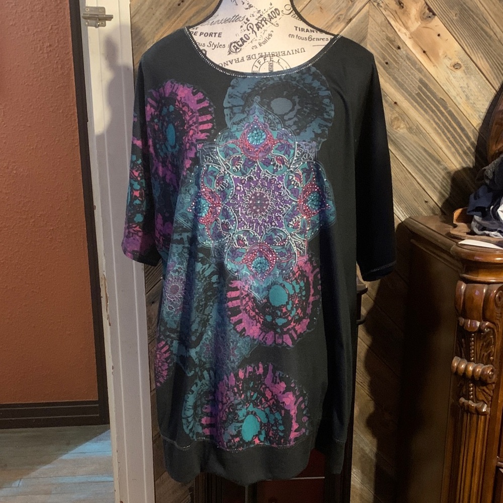 Fashion Bug Black Tunic with Teal and Purple Mandala Motif